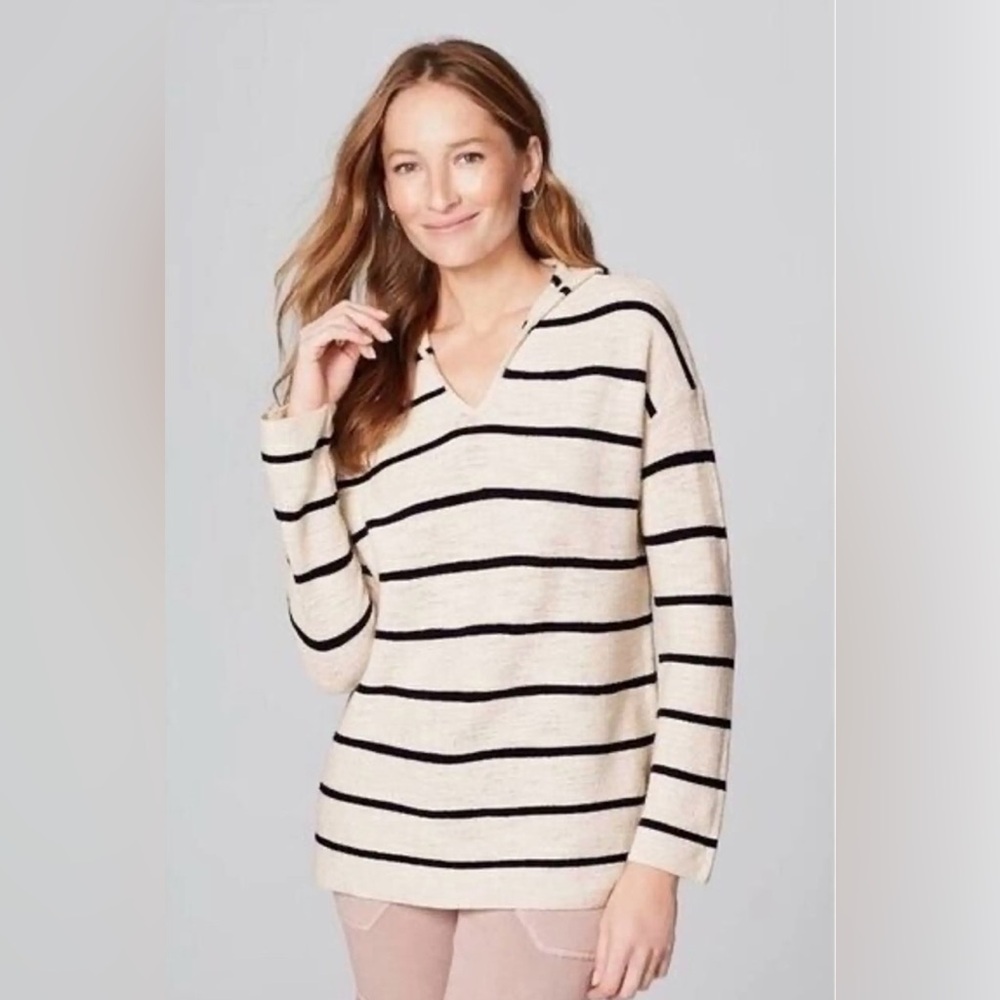 J. Jill Cream & Black Striped Textured Knit Hooded Pull-Over Beachy Sweater